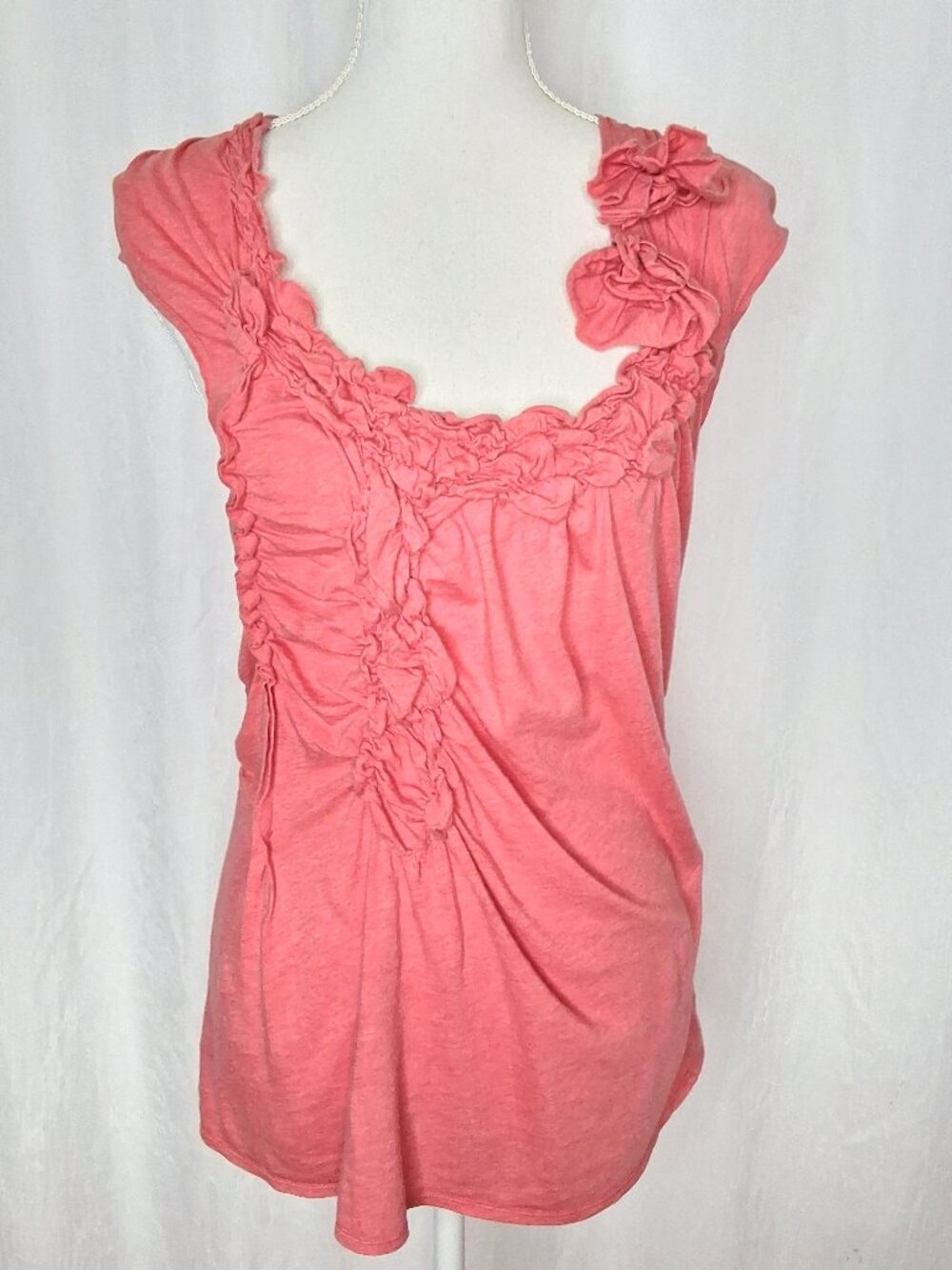 Anthro Ric Rac Y2K Modern Retro Coral Ruched Top w Rosettes Flaw